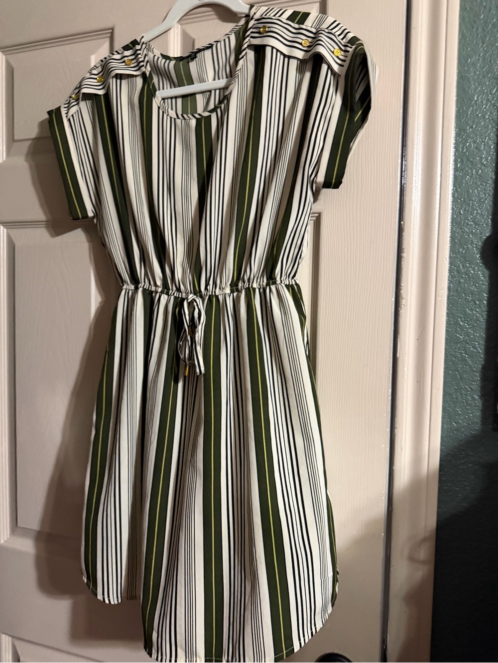 Olive and White Striped Drawstring Mini Dress